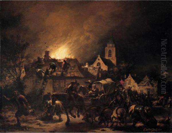 A Fire In A Village At Night Oil Painting by Egbert van der Poel