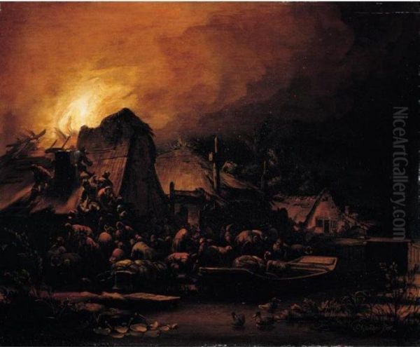 A Nocturnal Scene With A Cottage Ablaze Beside A Canal Oil Painting by Egbert van der Poel