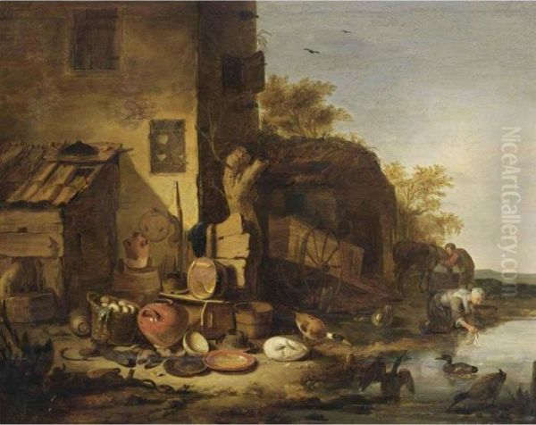 A Cottage With A Still Life Of 
Kitchen Utensils In The Foreground Together With Ducks, A Woman Washing 
Her Laundry In A Stream And A Man With A Horse In The Near Background Oil Painting by Egbert van der Poel