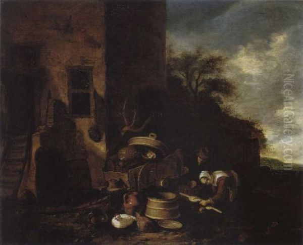 Landliche Szene Vor Einem Bauernhaus Oil Painting by Egbert van der Poel