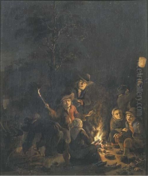 Boors Gathered Around A Bonfire At Night Oil Painting by Egbert van der Poel