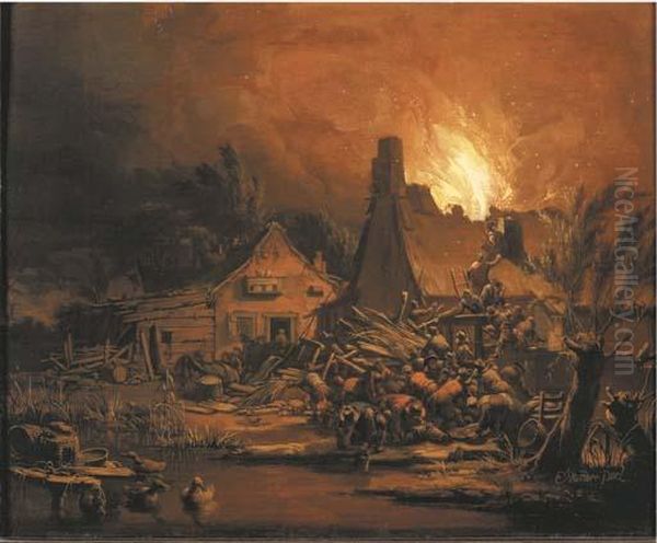 Villagers Putting Out A Cottage Fire At Night Oil Painting by Egbert van der Poel