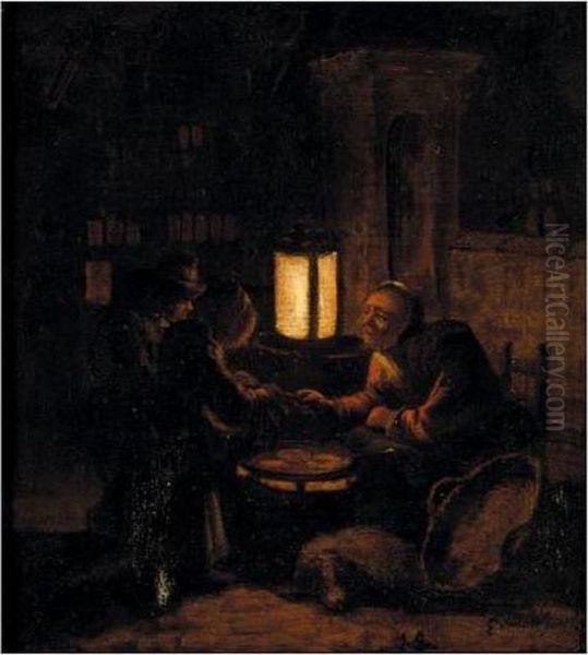 A Woman Selling Pancakes By Lamplight Oil Painting by Egbert van der Poel