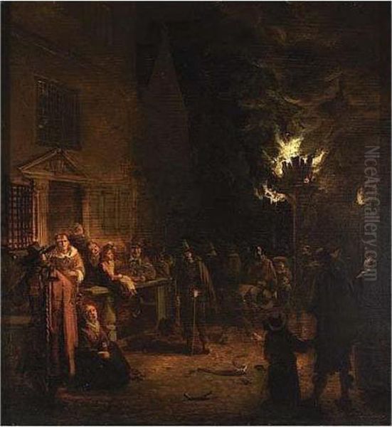 A Street Scene With Figures Standing Around A Tar-barrel Oil Painting by Egbert van der Poel