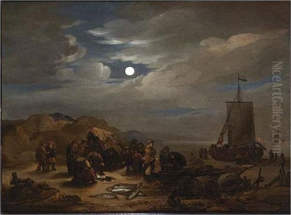 A Moonlit Beach Scene With Fishermen Unloading Their Catch Oil Painting by Egbert van der Poel