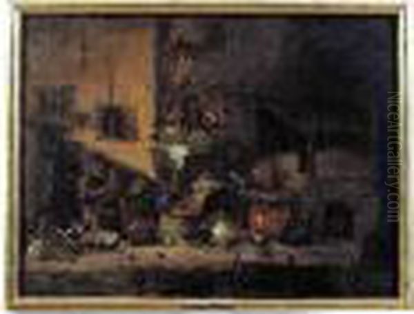 Villageois Assis Devant Sa Maison Et Aiguisant Un Couteau Oil Painting by Egbert van der Poel