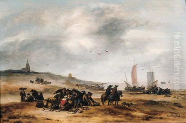 Fish Displayed For Sale On The Beach Scheveningen Oil Painting by Egbert van der Poel