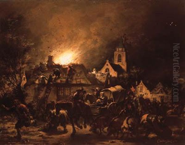 A Fire In A Village At Night Oil Painting by Egbert van der Poel