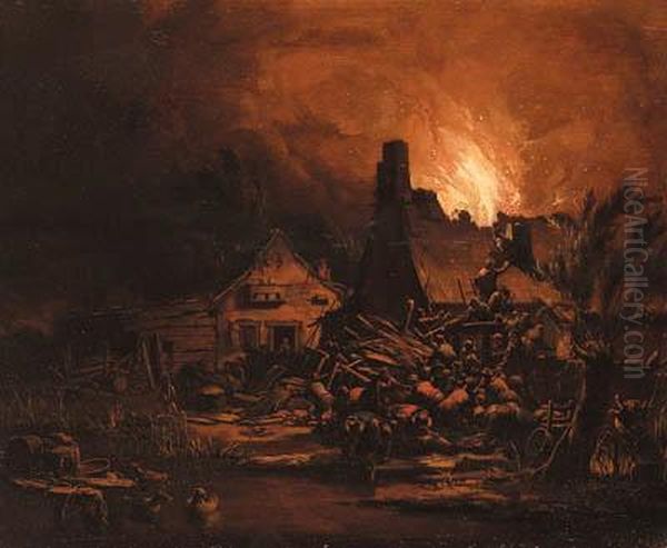 Villages Burning At Night Oil Painting by Egbert van der Poel