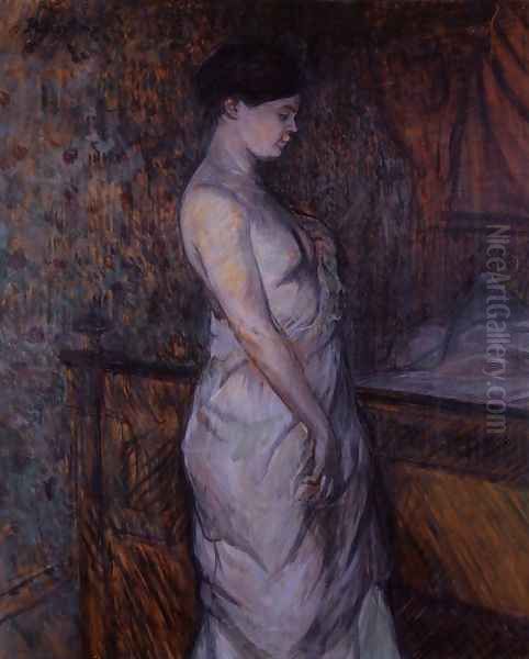 Woman in a Chemise Standing by a Bed Oil Painting by Henri De Toulouse-Lautrec