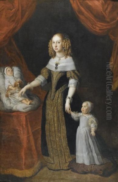 Portrait Of A Lady, Full Length, Standing With Two Children Oil Painting by Sir Anthony Van Dyck