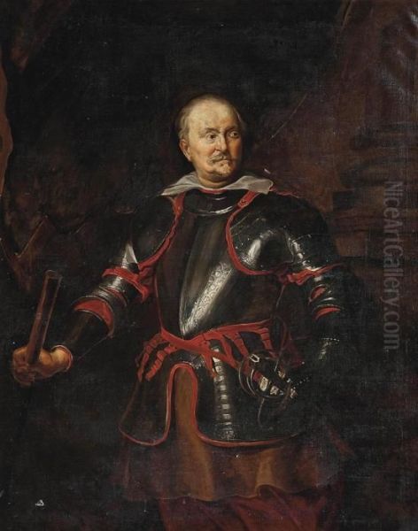 Portrait Of A Gentleman, Three-quarter-length, In Armour, A Baton In His Right Hand Oil Painting by Sir Anthony Van Dyck