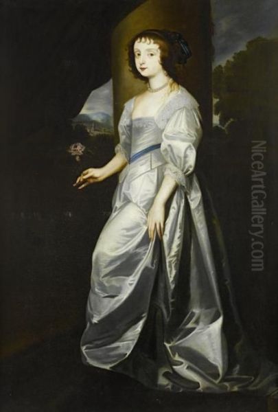 Portrait Of Lady Mary Villiers, 
Full-length, In A White Silk Dress Standing Before An Open Curtain, 
Holding A Rose Oil Painting by Sir Anthony Van Dyck