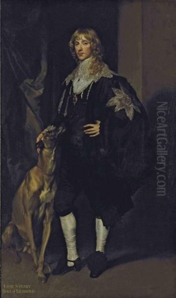 Portrait Of James Stuart, 4th 
Duke Of Lennox And 1st Duke Of Richmond (1612-1655), Full-length, In 
Black, With The Star And Garter Of The Order Of The Garter, And The 
Lesser George On A Blue Ribbon, With His Hound, In An Interior, A Draped
 Curtain Oil Painting by Sir Anthony Van Dyck