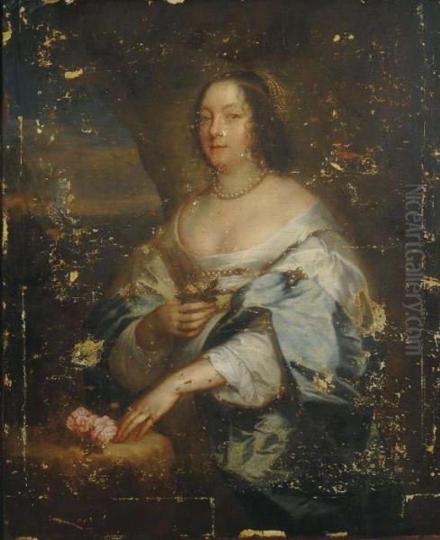 Portrait Of Diana Cecil, 
Countess Of Oxford, Standing Three-quarter-length, In A White Silk Gown 
With A Blue Wrap, With Pearl Earrings And Necklace, Holding A Flower In 
Her Right Hand Oil Painting by Sir Anthony Van Dyck