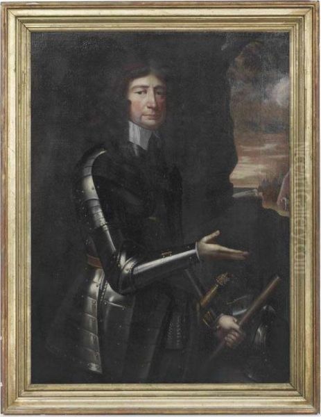 Portrait Of A Gentleman, 
Half-length, In Armour, A Baton In Hisleft Hand, A Battle Beyond Oil Painting by Sir Anthony Van Dyck