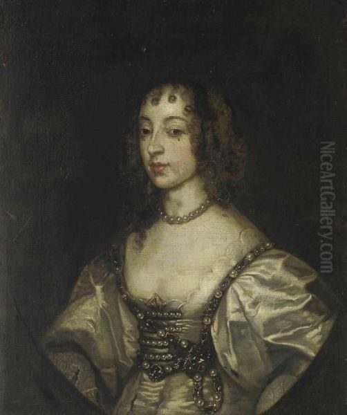 Portrait Of Queen Henrietta 
Maria (1609- 1669),three-quarter-length, In A Green Dress, Wearing A 
Pearl Necklace,feigned Oval Oil Painting by Sir Anthony Van Dyck