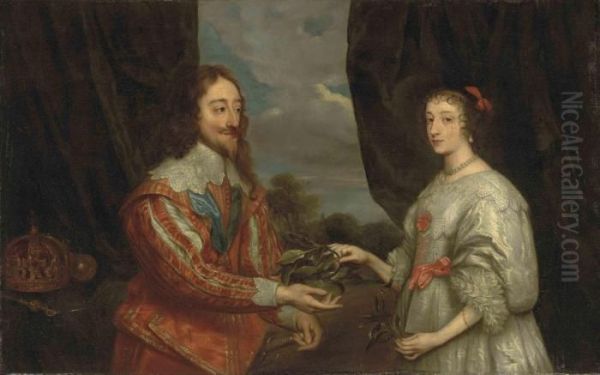 Double Portrait Of King Charles I
 And Queen Henrietta Maria,three-quarter-length, With A Laurel Leaf, 
Before A Draped Curtain,a Wooded Landscape Beyond Oil Painting by Sir Anthony Van Dyck