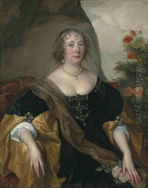 Portrait Of Beatrice, Countess 
Of Oxford, Half-length, Seated, In Ablack Velvet Dress Lined With Gold 
Silk, A Brown Mantle And Jewels,in A Landscape By A Rose Bush Oil Painting by Sir Anthony Van Dyck