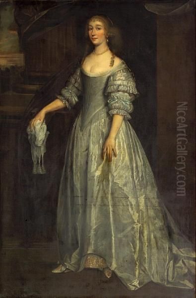 A Portrait Of A Lady, Full-length, Wearing Asilver Silk Dress Oil Painting by Sir Anthony Van Dyck