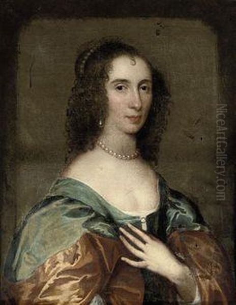 Portrait Of A Lady Traditionally
 Identified As Mrs Bridget Reade,bust-length, In A Blue Dress With A 
Rust Coloured Mantle, Withpearl Ornaments Oil Painting by Sir Anthony Van Dyck