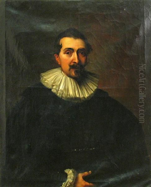 A Portrait Of A Gentleman In Black With Awhite Ruff Oil Painting by Sir Anthony Van Dyck