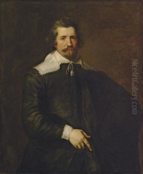 Portrait Of A Gentleman, 
Three-quarter-length, In A Black Doublet And Mantle, With A Lace Collar 
And Cuffs Oil Painting by Sir Anthony Van Dyck