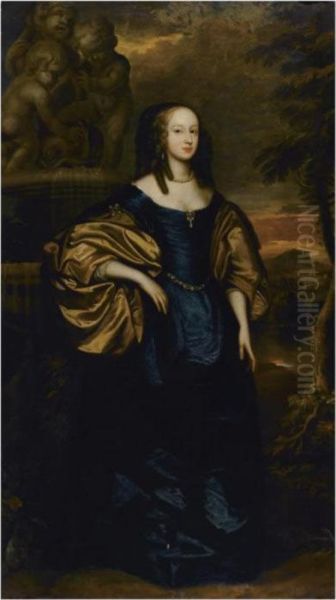 Portrait Of A Lady, Full Length, Standing Wearing A Bluedress Oil Painting by Sir Anthony Van Dyck