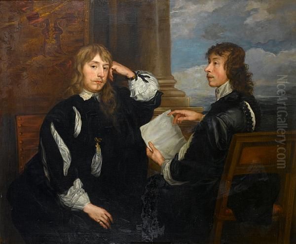 Portrait Of Thomas Killigrew And
 A Gentleman,possibly William, Lord Crofts, Seated Before A Gold Curtain
 And Acolumn Oil Painting by Sir Anthony Van Dyck