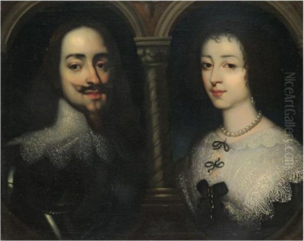 Portraits Of King Charles I And 
Queen Henrietta Maria, Bust Length, Set Within Feigned Ovals Oil Painting by Sir Anthony Van Dyck