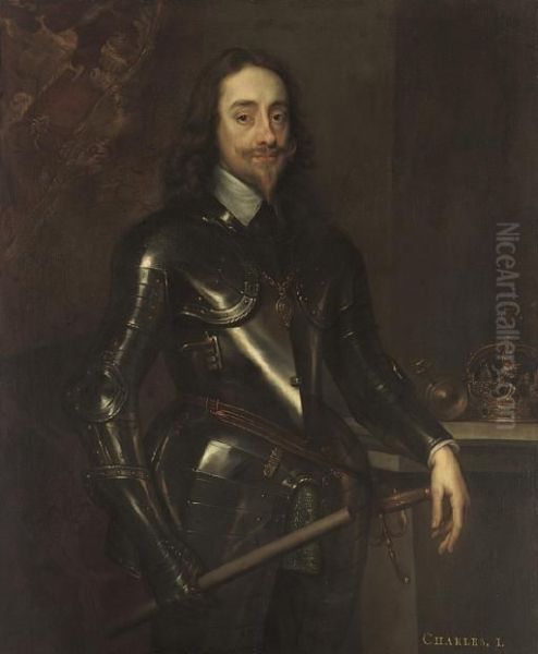 Portrait Of King Charles I, 
Three-quarter-length, In Armour, A Baton In His Right Hand, An Orb And 
Crown On A Plinth To His Left Oil Painting by Sir Anthony Van Dyck