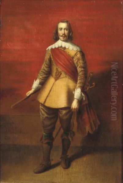 Portrait Of A Nobleman, 
Full-length, In A Gold Embroidered Yellow Costume With Lace Cuffs And 
Collar And A Red Sash Oil Painting by Sir Anthony Van Dyck