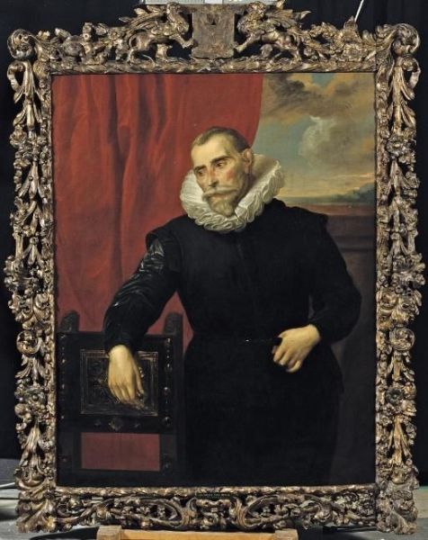 Portrait Of A Gentleman, 
Three-quarter Length, In A Black Costume With A White Collar, Leaning On
 A Chair Before A Red Curtain Oil Painting by Sir Anthony Van Dyck