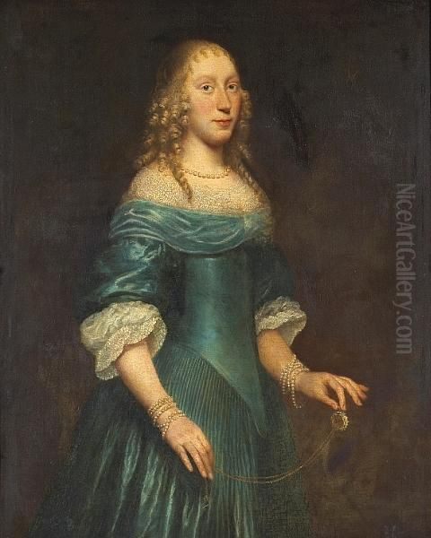 A Portrait Of A Lady, 
Three-quarter Length, Standing, Wearing A Blue Gown And Holding A Watch Oil Painting by Sir Anthony Van Dyck