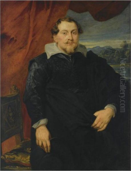 A Portrait Of A Gentleman, Said 
To Be N. Gansacher, Standing Three-quarter Length, Next To A Chair, 
Wearing A Black Coat With A White Collar, A Landscape Beyond Oil Painting by Sir Anthony Van Dyck