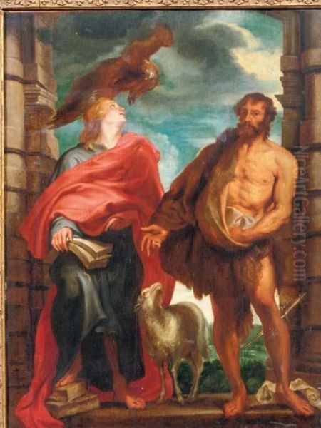 Saint John The Evangelist And 
Saint John The Baptist In A Niche, An Extensive Landscape Beyond Oil Painting by Sir Anthony Van Dyck