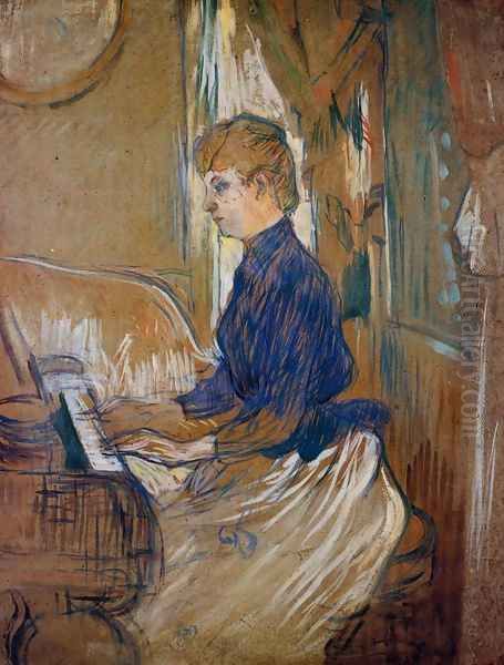 At the Piano - Madame Juliette Pascal in the Salon of the Chateau de Malrome Oil Painting by Henri De Toulouse-Lautrec