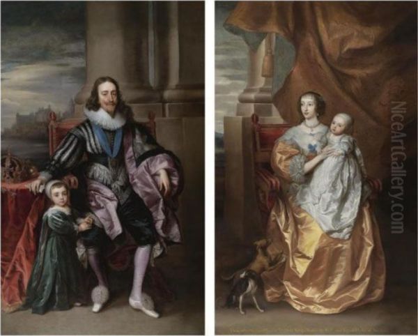 Portrait Of King Charles I, With
 Charles, Prince Of Wales; Portrait Of Queen Henrietta Maria With Mary, 
Princess Royal, And Her Greyhounds Oil Painting by Sir Anthony Van Dyck