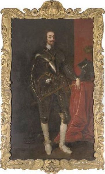 Portrait Of King Charles I 
(1600-1649), Full-length, In Armour, His Right Arm Holding A Baton, His 
Left Arm Resting On A Plinth, In An Interior Oil Painting by Sir Anthony Van Dyck