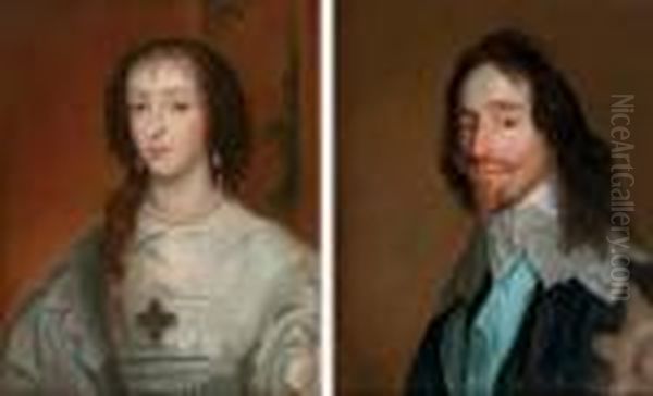 Portrait Of Henrietta Maria; And Portrait Of King Charles I Oil Painting by Sir Anthony Van Dyck