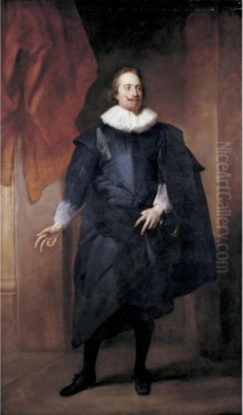 Portrait Of A Nobleman, Full-length, Standing, Wearing A Black Silk Doublet And Cloak Oil Painting by Sir Anthony Van Dyck