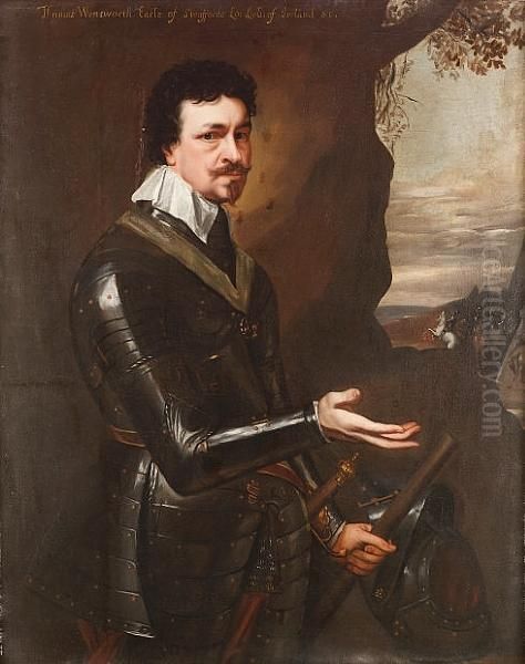 Portrait Of Thomas Wentworth, 
Earl Of Strafford, Three-quarter-length, In Armour And Holding A Baton, A
 View To A Battle Beyond Oil Painting by Sir Anthony Van Dyck