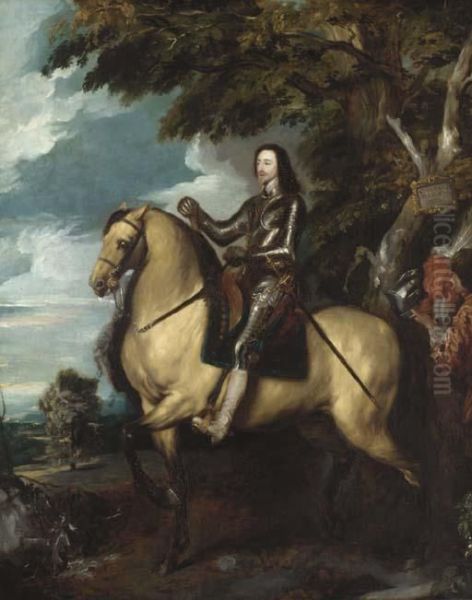 Equestrian Portrait Of King 
Charles Ii, In Armour, With An Attendant Holding His Feathered Helmet, 
In A Landscape Oil Painting by Sir Anthony Van Dyck