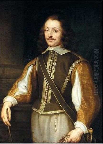 Portrait Of A Gentleman, 
Three-quarter Length, Wearing A Brown Jerkin With Slashed Embroidered 
Gold Sleeves, Holding A Pair Of Gloves Oil Painting by Sir Anthony Van Dyck