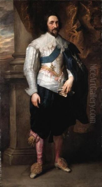 Portrait Of Charles, Marquis De 
Vieuville, Full-length, In A Silverslashed Doublet With A Lace-edged 
Collar And Cuffs, Black Silkcloak And Breeches, And Pink Hose, Wearing 
The Order Of The Saintesprit, Beside A Draped Curtain On A Terrace, A 
Lands Oil Painting by Sir Anthony Van Dyck