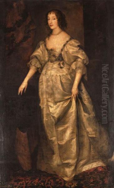 Portrait Of Queen Henrietta Maria, Full-length, In A White Silkdress Oil Painting by Sir Anthony Van Dyck