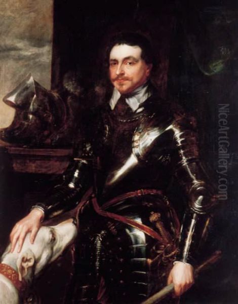 Portrait Of Thomas Wentworth, 
1st Earl Of Strafford (1593-1641),three-quarter-length, In Armour, 
Holding A Baton In His Left Hand,a Dog At His Side Oil Painting by Sir Anthony Van Dyck