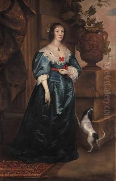 Portrait Of Mary, Lady Gerard, 
Of Bromley, Full-length, In A Bluedress, A Dog At Her Side, Beside A 
Classical Urn On A Plinth Onwhich Rests A Lizard Oil Painting by Sir Anthony Van Dyck