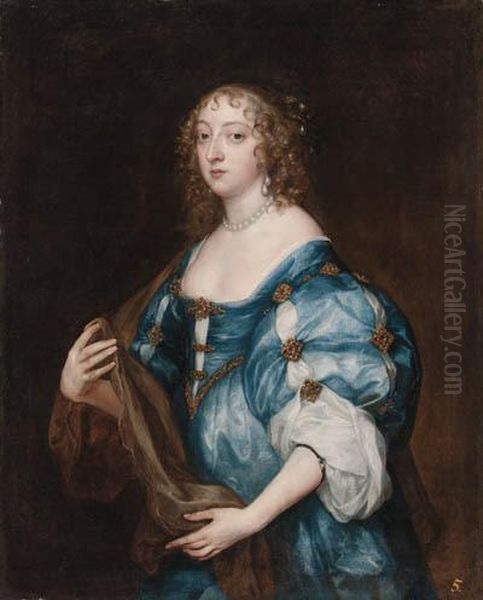 Portrait Of Catherine, Lady 
D'aubigny, Three-quarter-length, In Ablue Dress And A Brown Wrap Oil Painting by Sir Anthony Van Dyck