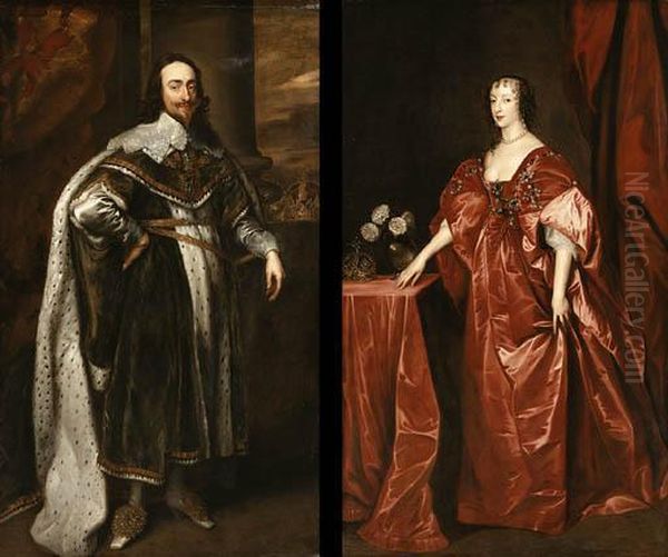 Dyck, A.
Portrait Of Charles I; And Portrait Of Queen Henrietta Maria,standing Full Length In Interiors Oil Painting by Sir Anthony Van Dyck